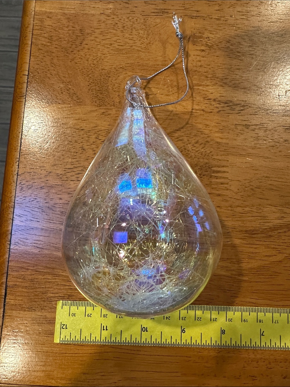 Iridescent Tear Drop Glass Ornament - Clear with Silver Sparkle